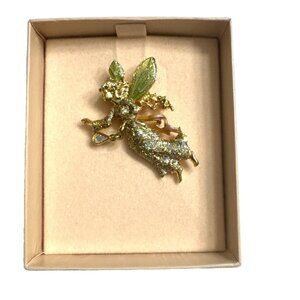 KIRKS FOLLY Gold Tone Enamel Fairy Angel Brooch with Dangle Charm